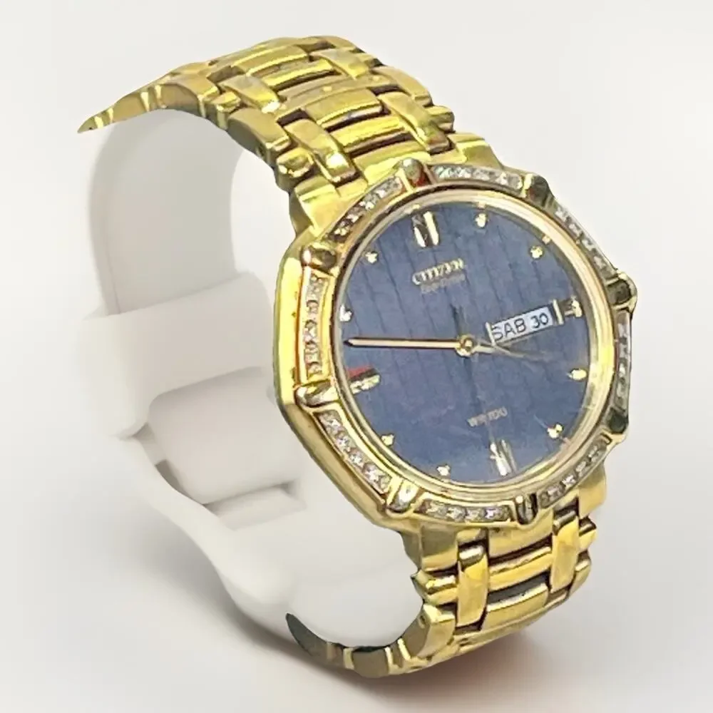 Citizen Eco-Drive Diamond Bezel Gold Tone Day Date Spanish WR100 Watch Works